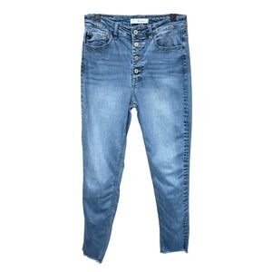 Kancan High Rise Button Fly Skinny Blue Jeans Distressed Raw Hem Womens Size 9